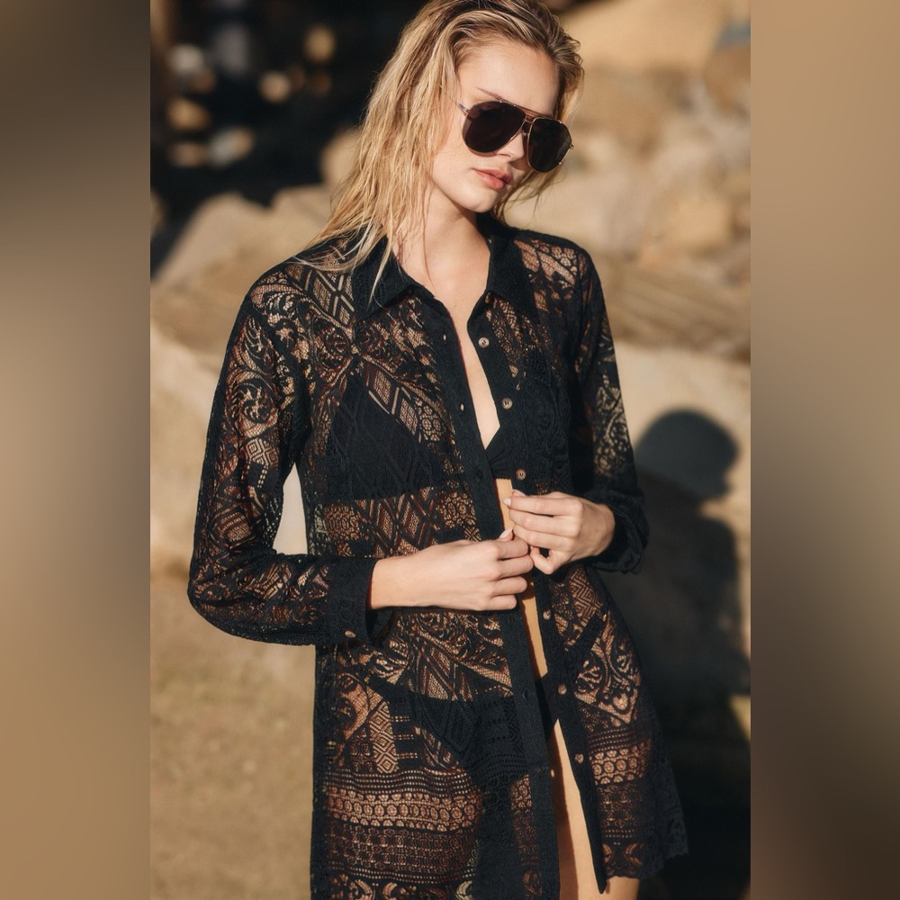 ANTHROPOLOGIE Black Lace Buttondown, Size XL